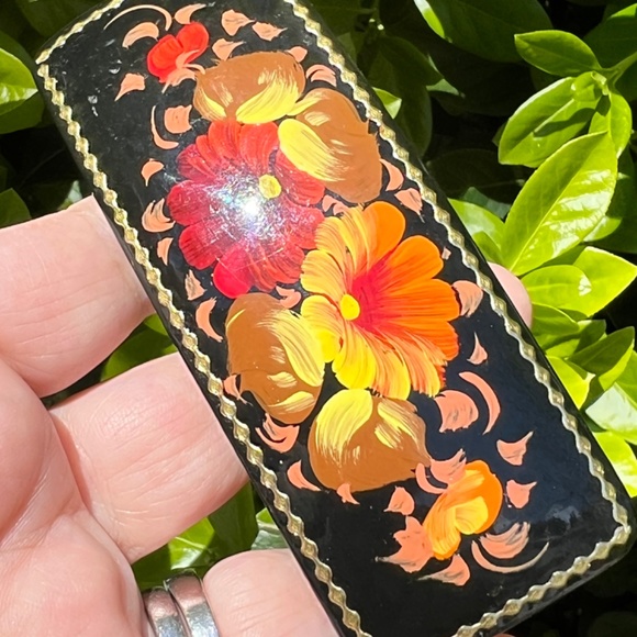 Vintage Russian Lacquer Hand painted Floral Yellow Orange Red Barrette Hair Clip